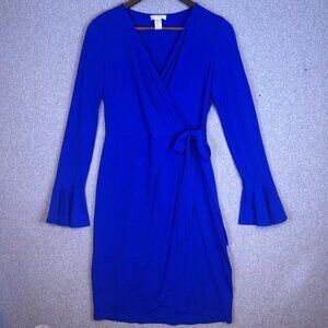 London Times Dress Women's 4 Blue Faux Wrap Tie Waist Bell Sleeve Feminine Party